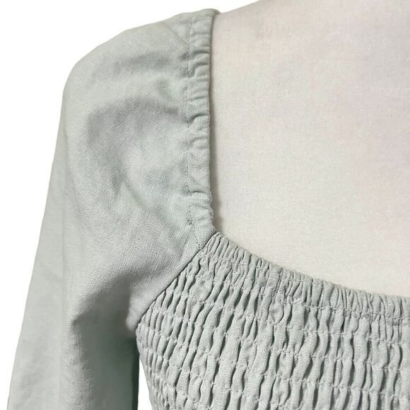 7 For All Mankind Women's Light Blue Linen Smocked Square Neck Midi Dress Large - Picture 4 of 13